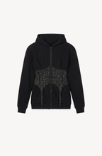 Women's black zip-up hoodie with hood, long sleeves and silver-studded corset-style front panel