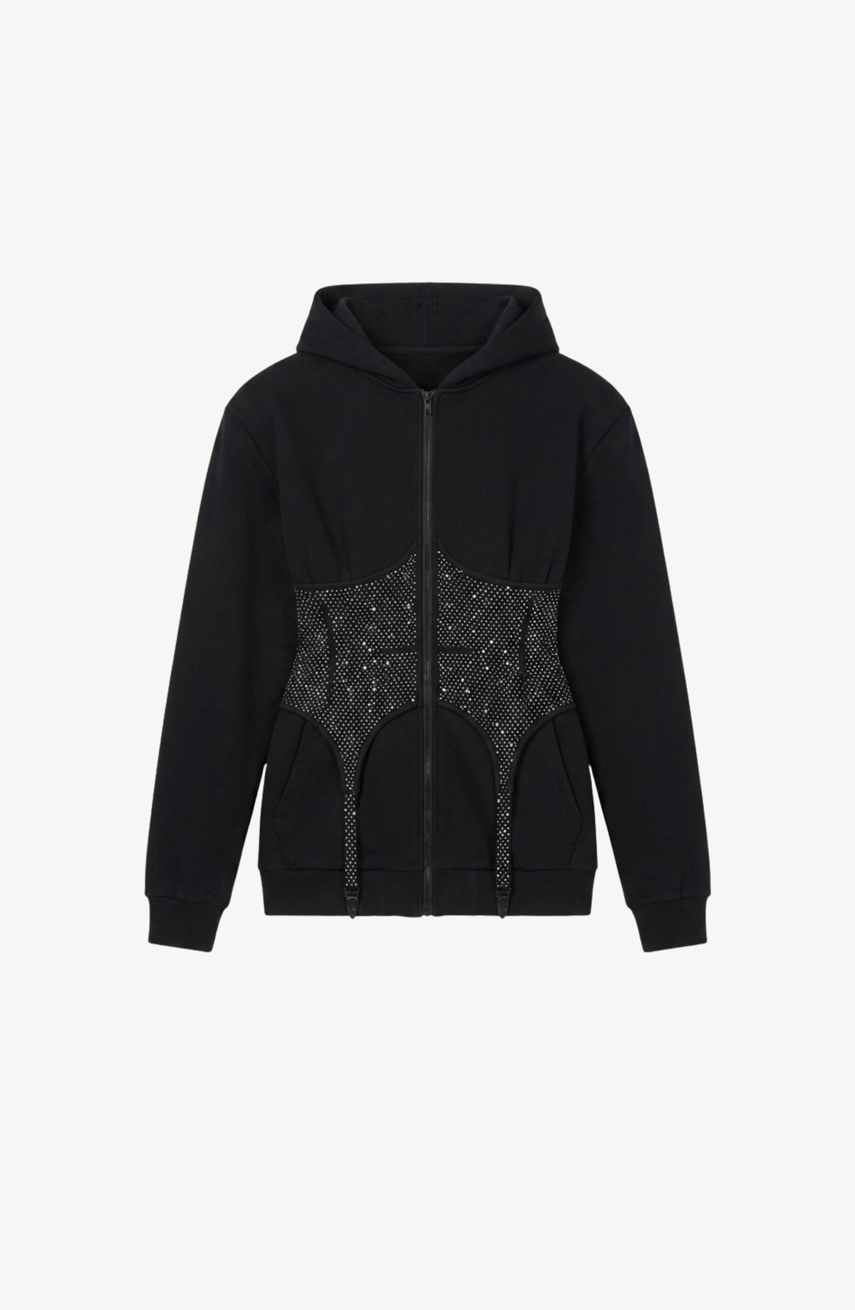 Women's black zip-up hoodie with hood, long sleeves and silver-studded corset-style front panel