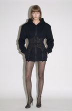 Women's black zip-up hoodie with hood, long sleeves and silver-studded corset-style front panel