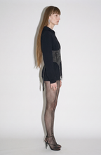 Women's black zip-up hoodie with hood, long sleeves and silver-studded corset-style front panel