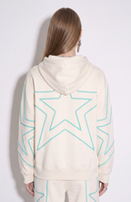 Cream hoodie with turquoise outlined star motifs, drawstring hood and front kangaroo pocket