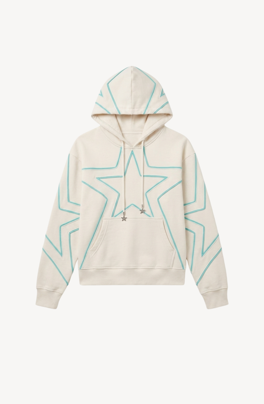 Cream hoodie with turquoise outlined star motifs, drawstring hood and front kangaroo pocket