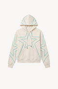 Cream hoodie with turquoise outlined star motifs, drawstring hood and front kangaroo pocket