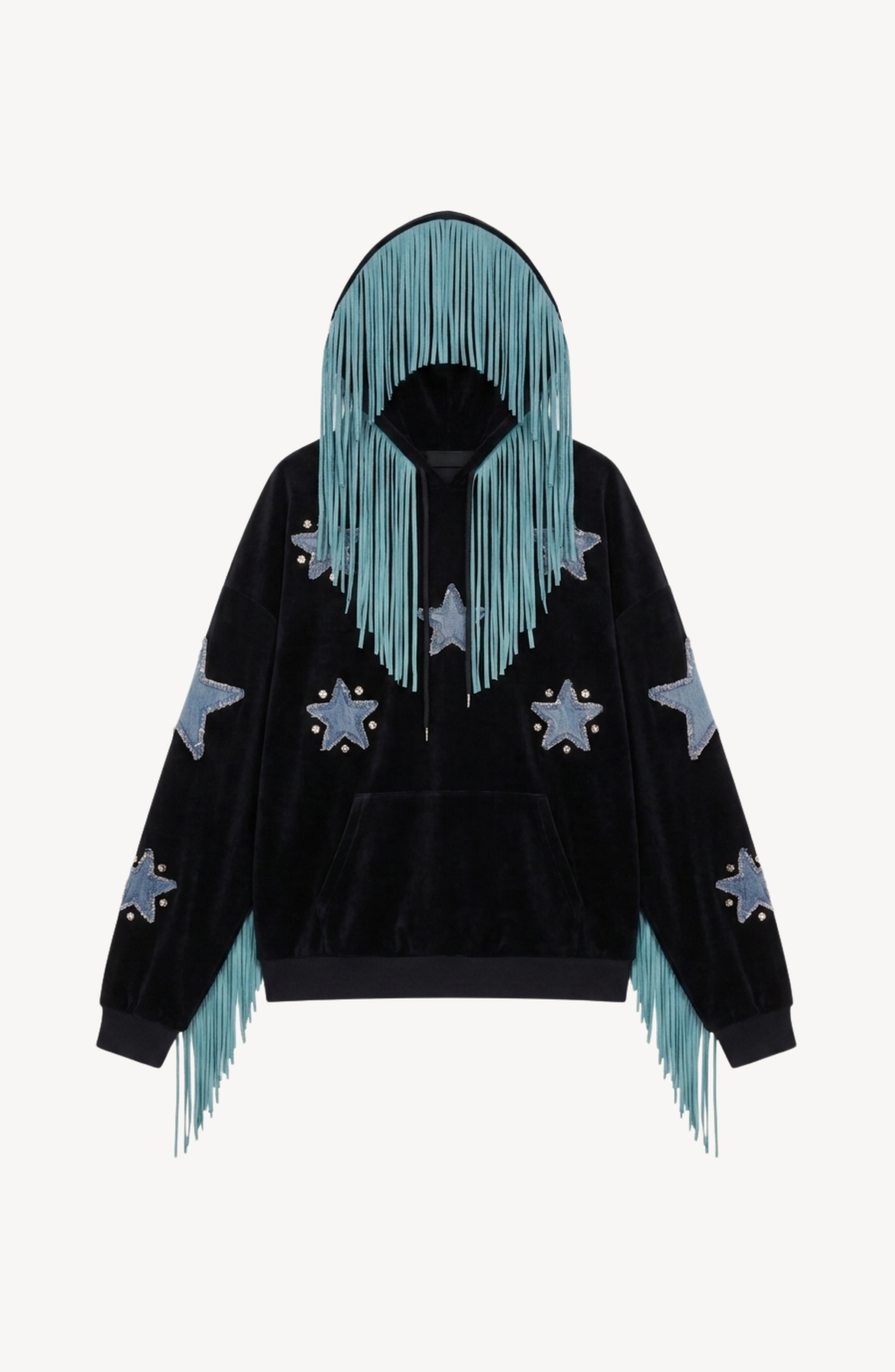 Black hooded hoodie with blue star appliques and turquoise fringe trim