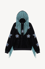 Black hooded hoodie with blue star appliques and turquoise fringe trim