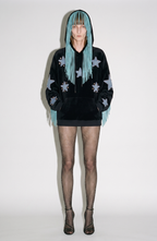 Black hooded hoodie with blue star appliques and turquoise fringe trim