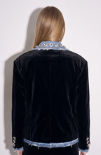 Women's dark blazer with frayed denim-effect lapels, sparkling embellishments and long sleeves