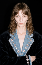 Women's dark blazer with frayed denim-effect lapels, sparkling embellishments and long sleeves