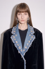 Women's dark blazer with frayed denim-effect lapels, sparkling embellishments and long sleeves
