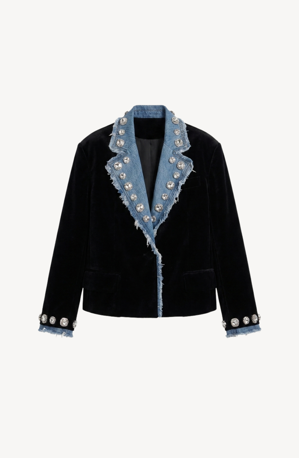 Women's dark blazer with frayed denim-effect lapels, sparkling embellishments and long sleeves
