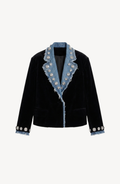 Women's dark blazer with frayed denim-effect lapels, sparkling embellishments and long sleeves