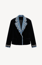 Women's dark blazer with frayed denim-effect lapels, sparkling embellishments and long sleeves
