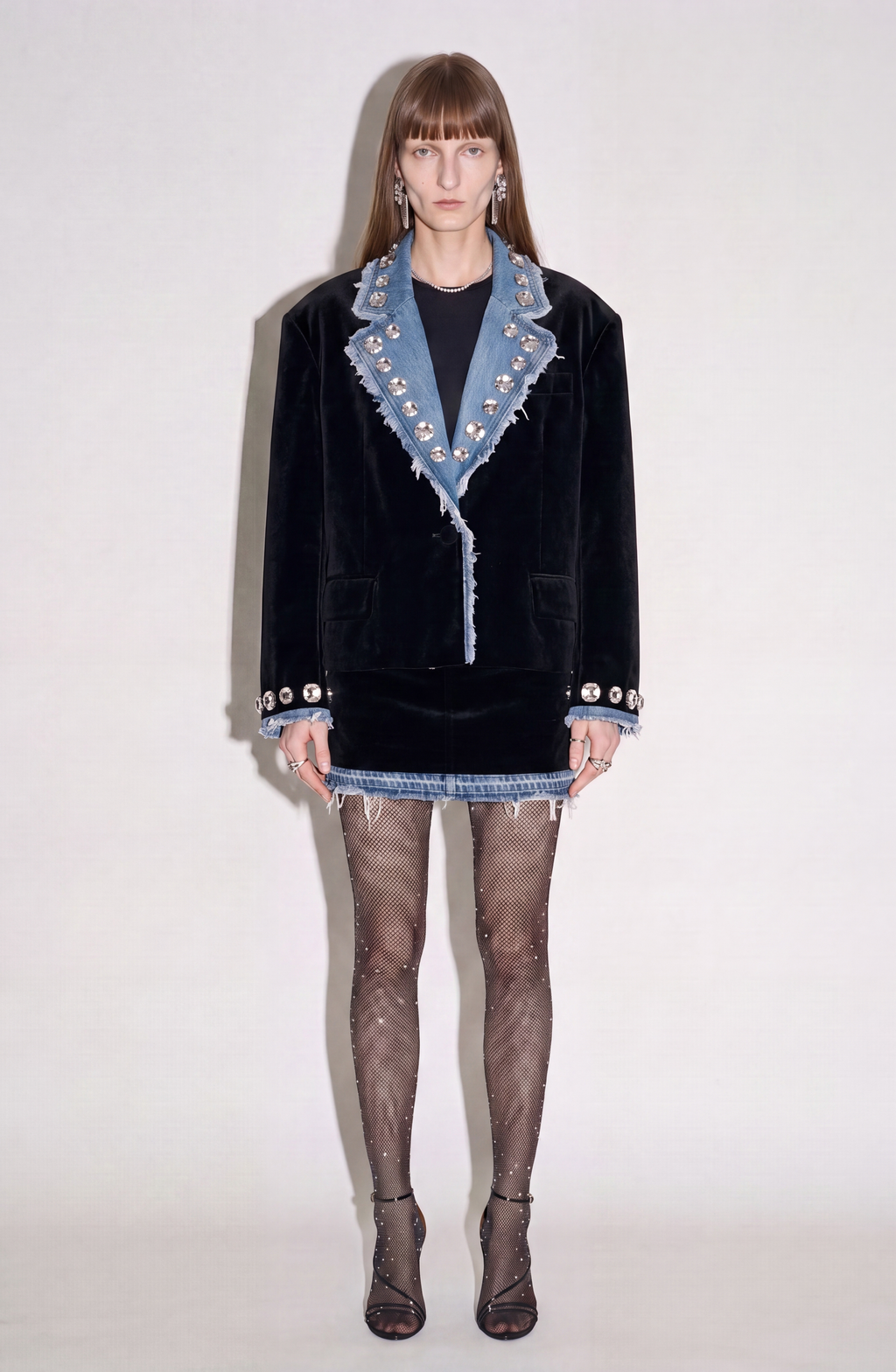 Women's dark blazer with frayed denim-effect lapels, sparkling embellishments and long sleeves
