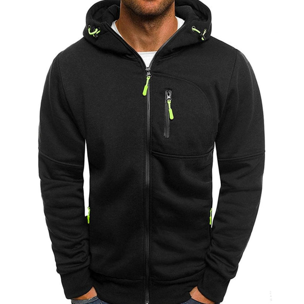 Men's hooded zip-up hoodie with long sleeves and zipped pockets
