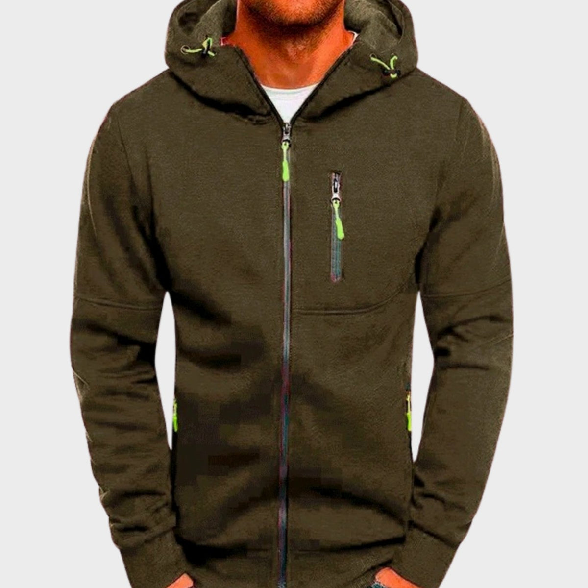 Men's hooded zip-up hoodie with long sleeves and zipped pockets