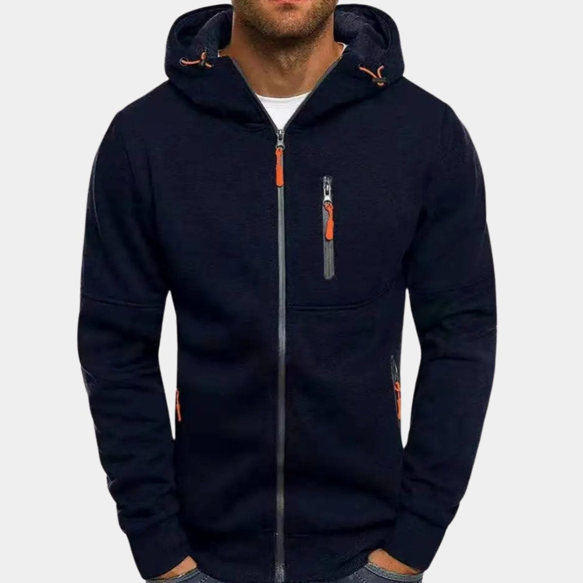 Men's hooded zip-up hoodie with long sleeves and zipped pockets