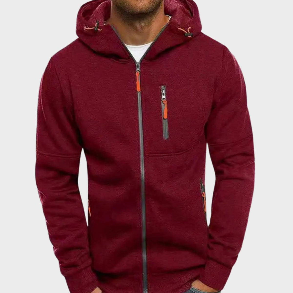 Men's hooded zip-up hoodie with long sleeves and zipped pockets