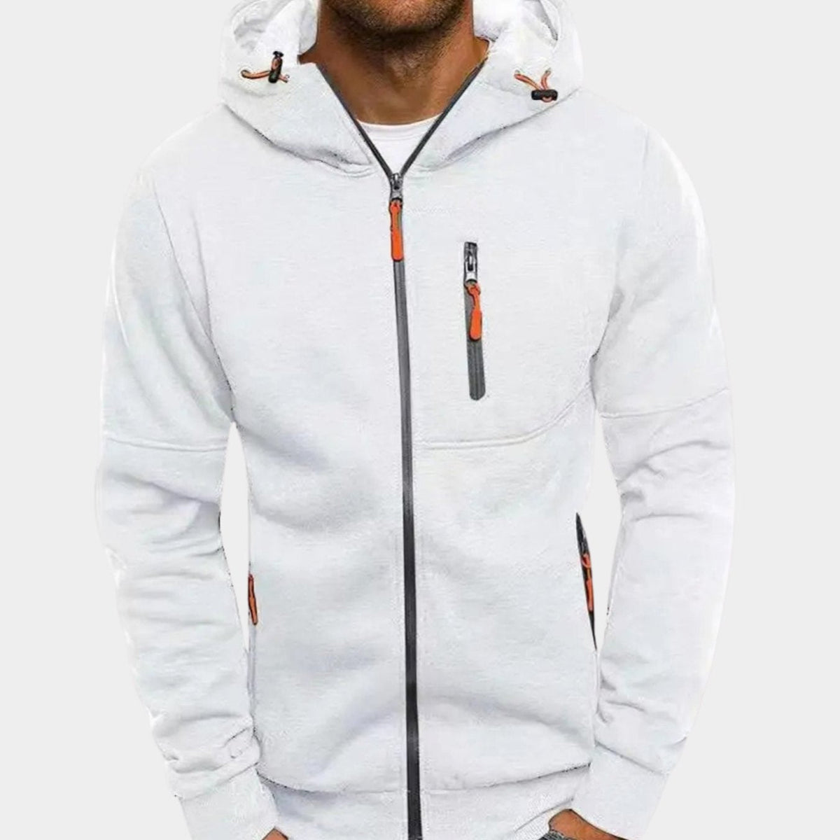 Men's hooded zip-up hoodie with long sleeves and zipped pockets