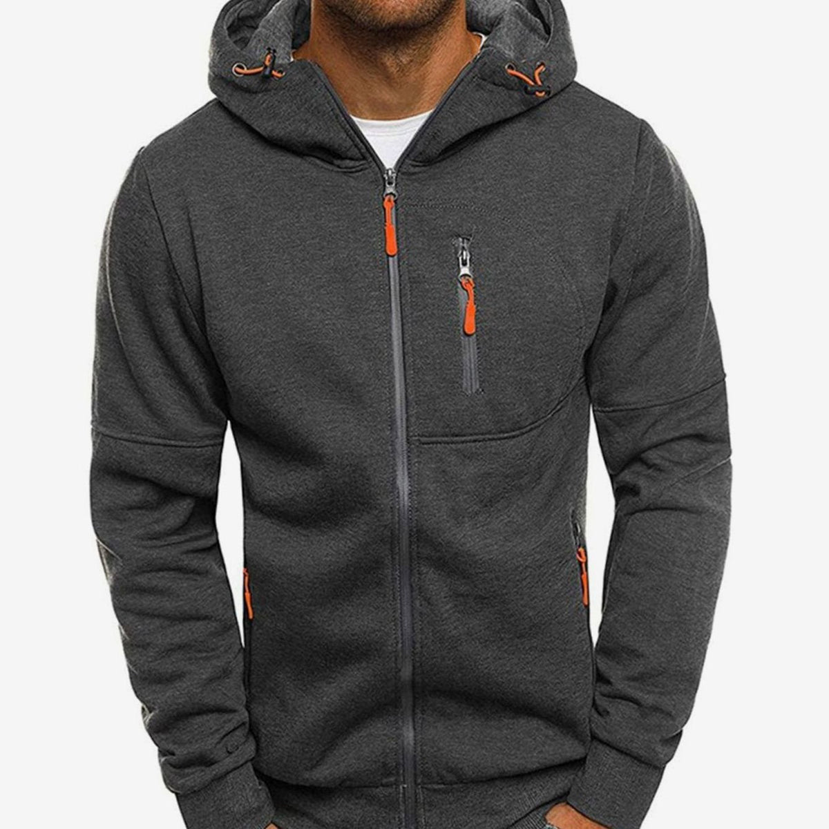 Men's hooded zip-up hoodie with long sleeves and zipped pockets