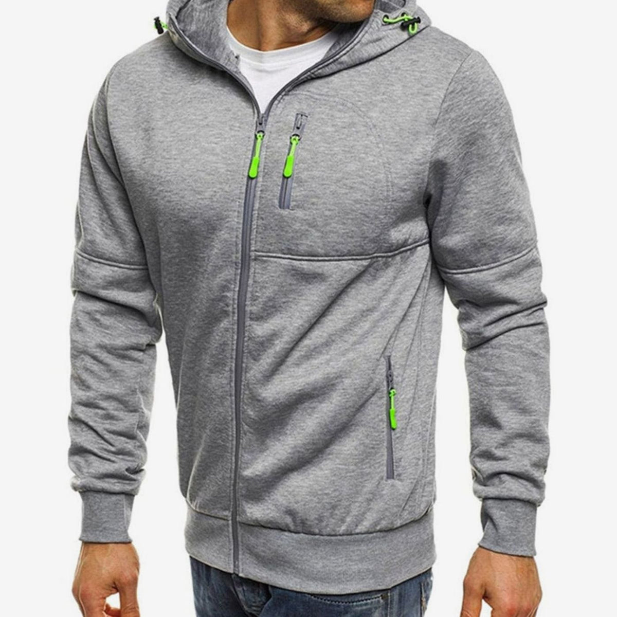 Men's hooded zip-up hoodie with long sleeves and zipped pockets
