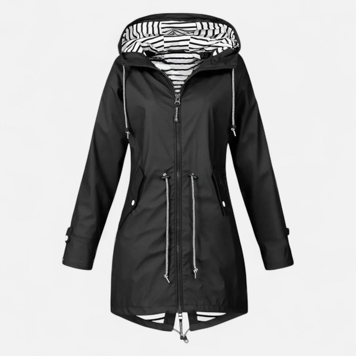 Women's longline hooded jacket with striped lining and zipped pockets