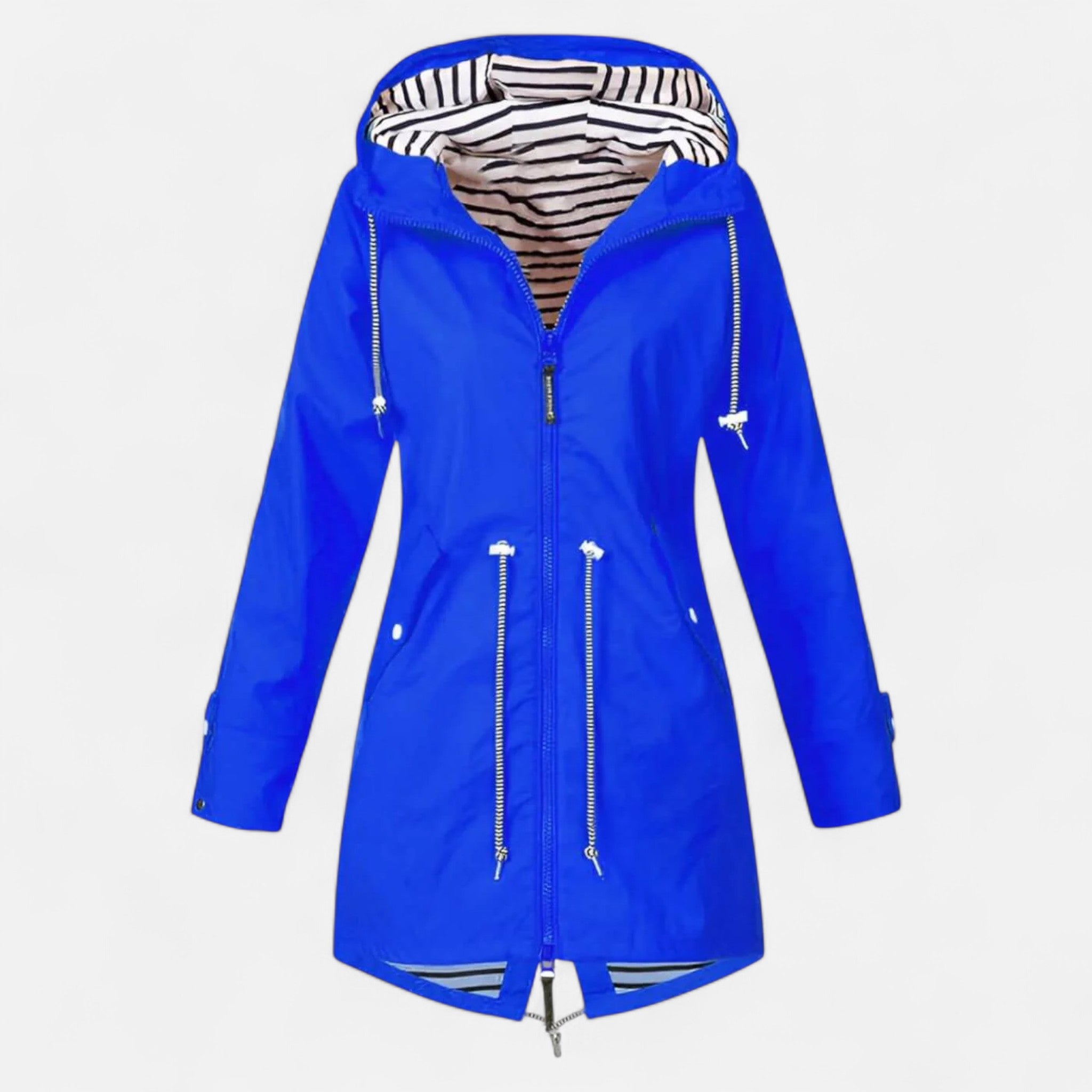 Women's longline hooded jacket with striped lining and zipped pockets
