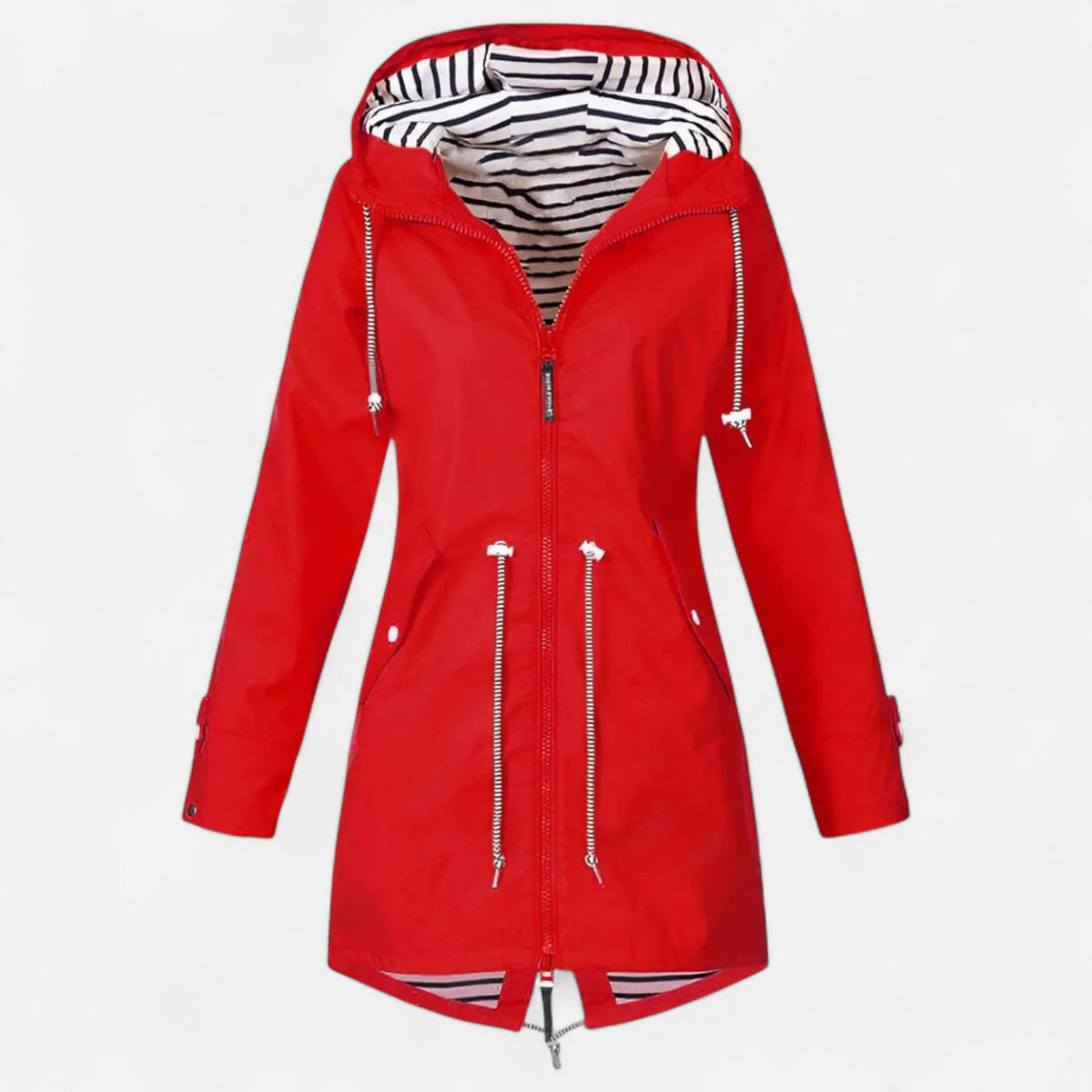 Women's longline hooded jacket with striped lining and zipped pockets