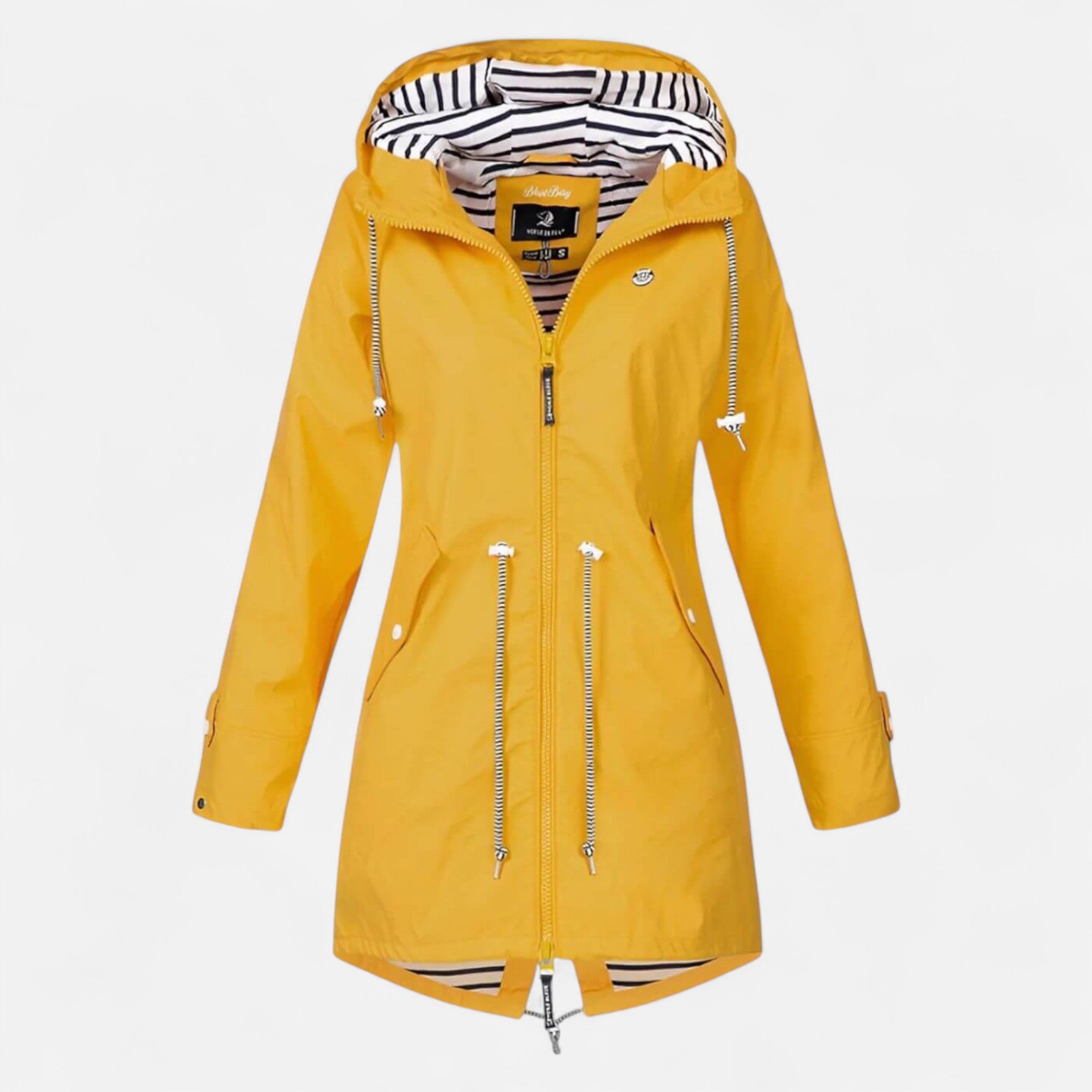 Women's longline hooded jacket with striped lining and zipped pockets