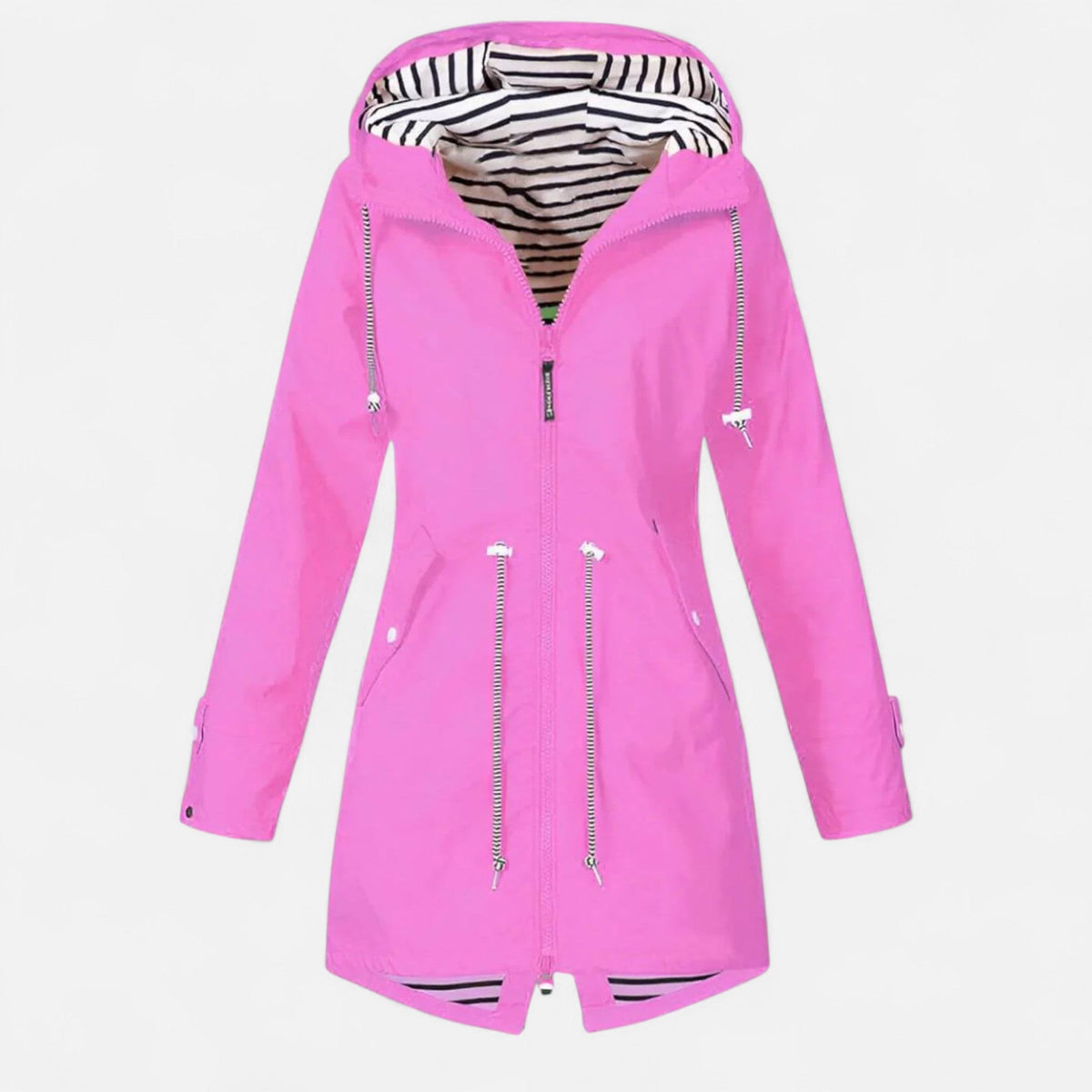 Women's longline hooded jacket with striped lining and zipped pockets