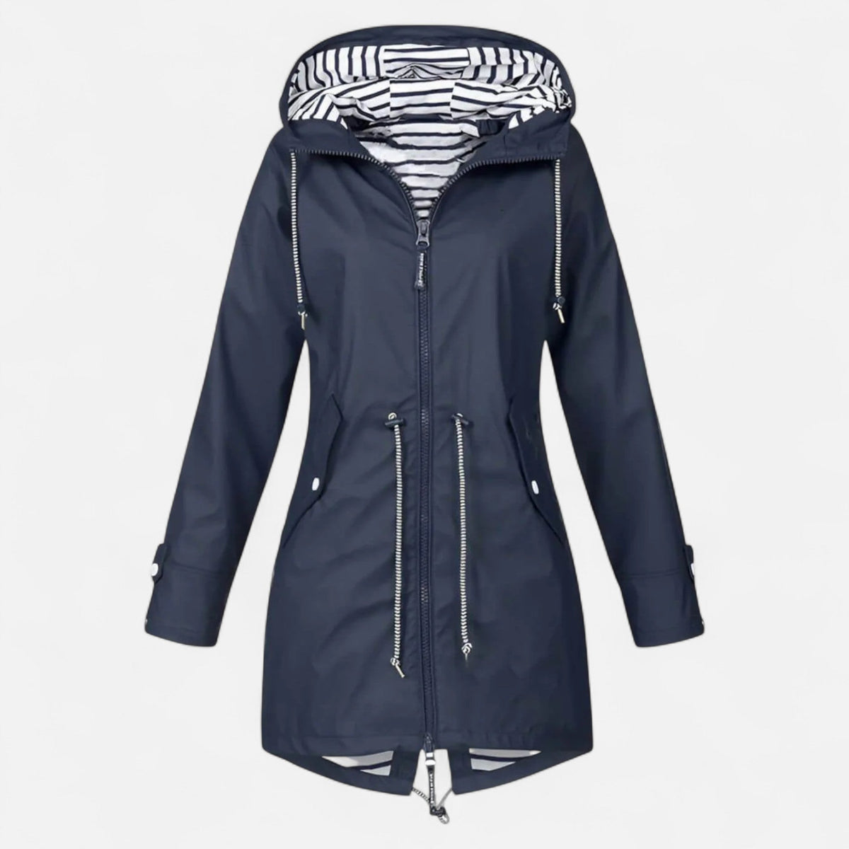 Women's longline hooded jacket with striped lining and zipped pockets