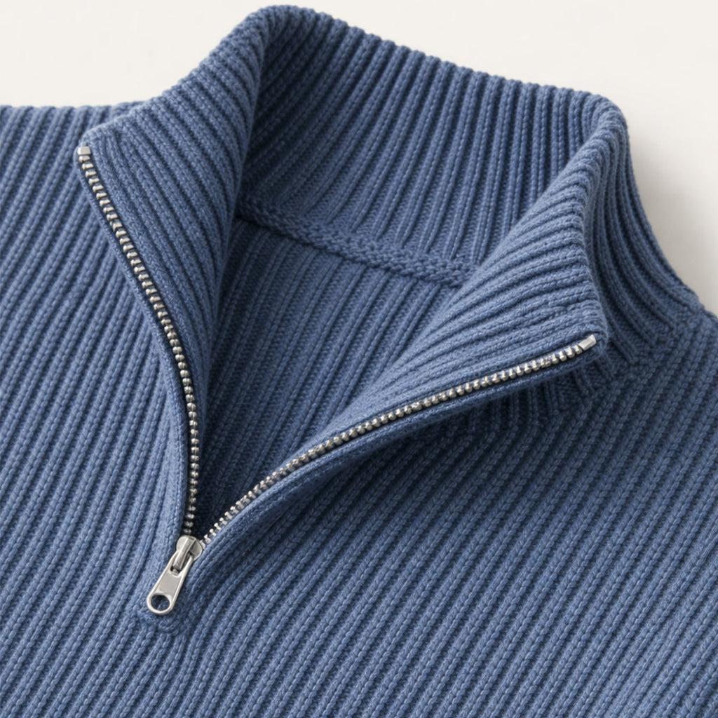 Men's ribbed mock neck half-zip sweater with long sleeves