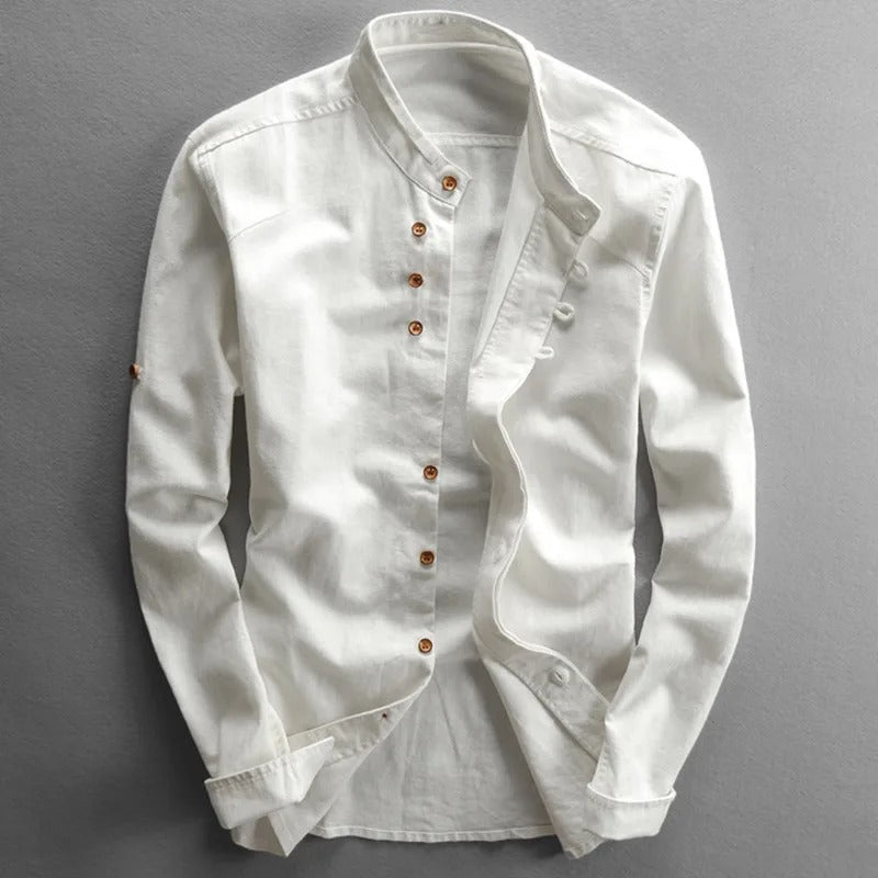 Men's long-sleeved Mandarin collar shirt with layered front panel and button fastening