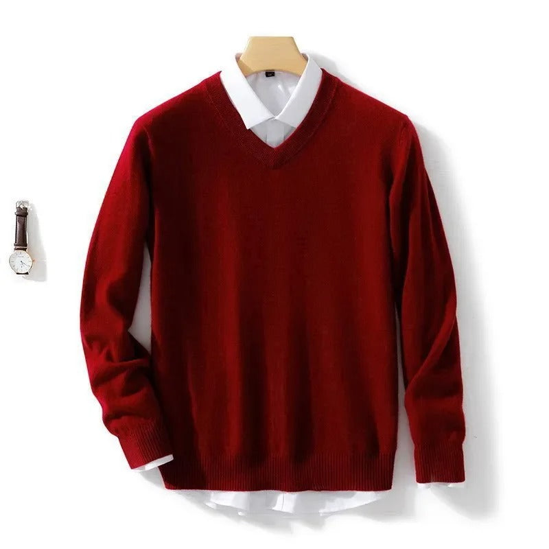 Men's plain V-neck jumper with long sleeves and ribbed trims