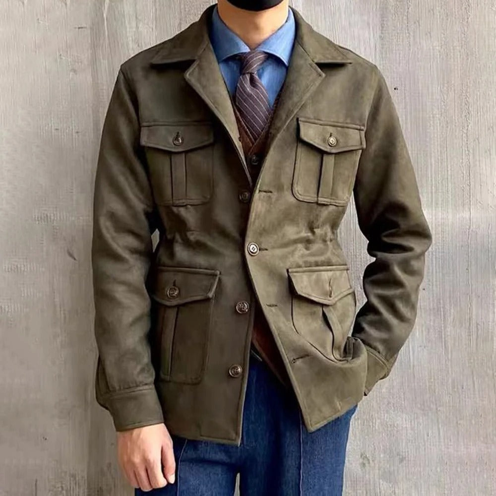 Men's utility hunting jacket with notched lapels, four flap pockets and button front