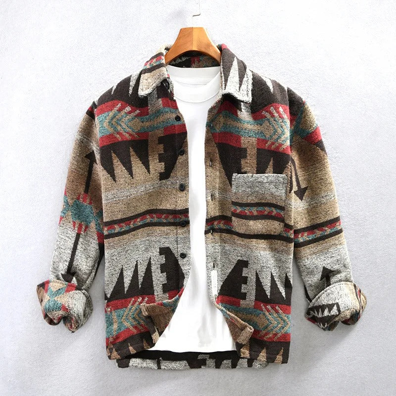 Men's geometric patterned overshirt with collar, long sleeves and button front