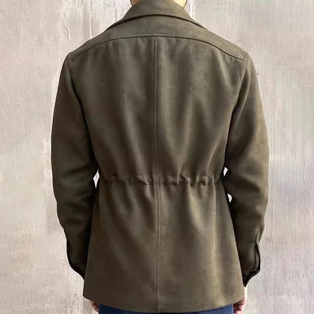 Men's utility hunting jacket with notched lapels, four flap pockets and button front