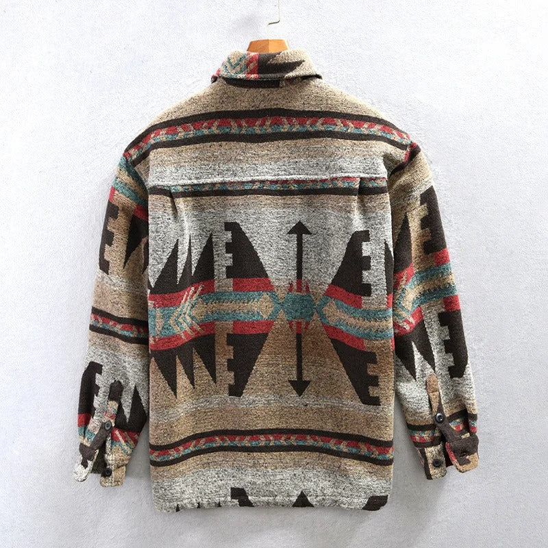Men's geometric patterned overshirt with collar, long sleeves and button front