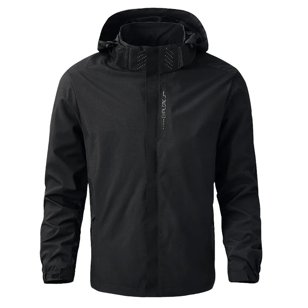 Men's lightweight hooded rain jacket with front zip and zipped pockets