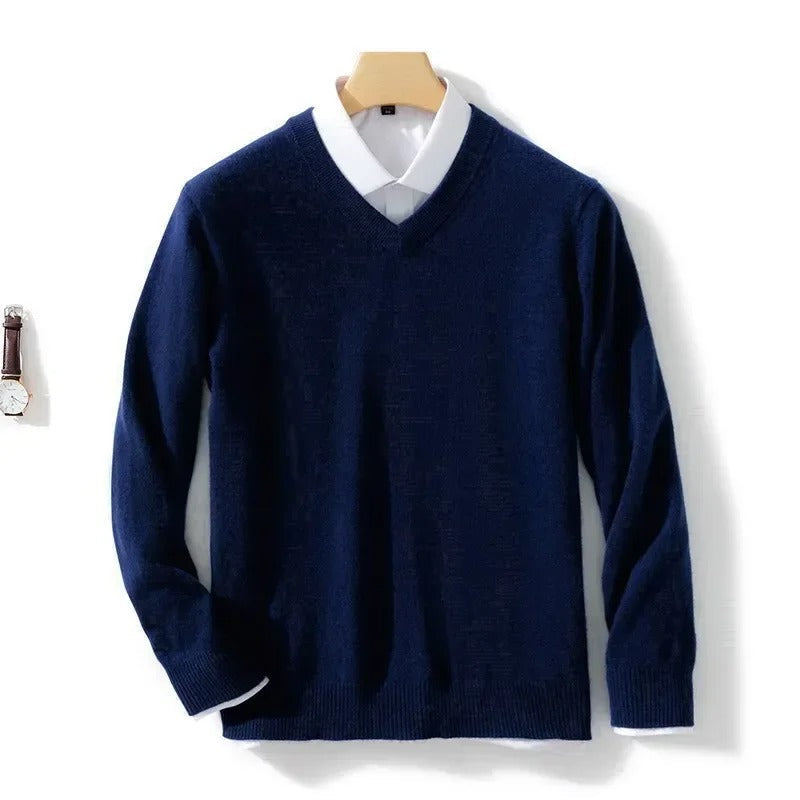 Men's plain V-neck jumper with long sleeves and ribbed trims
