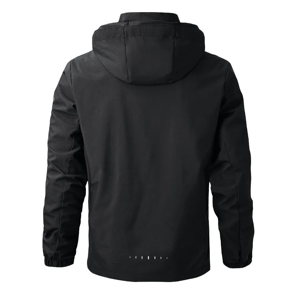Men's lightweight hooded rain jacket with front zip and zipped pockets