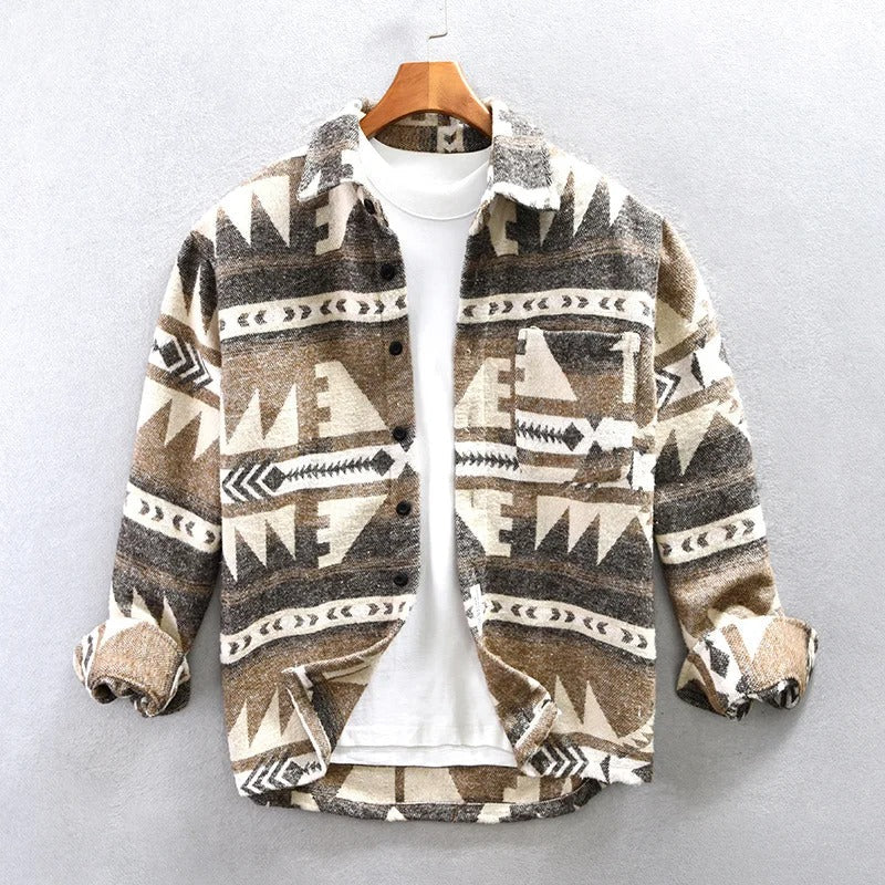 Men's geometric patterned overshirt with collar, long sleeves and button front