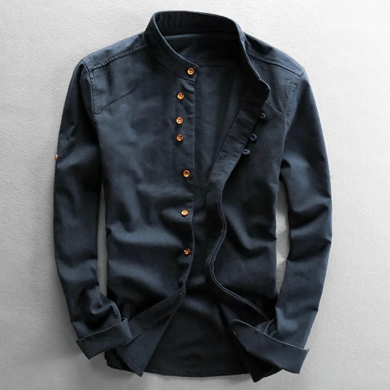 Men's long-sleeved Mandarin collar shirt with layered front panel and button fastening