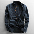 Men's long-sleeved Mandarin collar shirt with layered front panel and button fastening