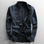 Men's long-sleeved Mandarin collar shirt with layered front panel and button fastening