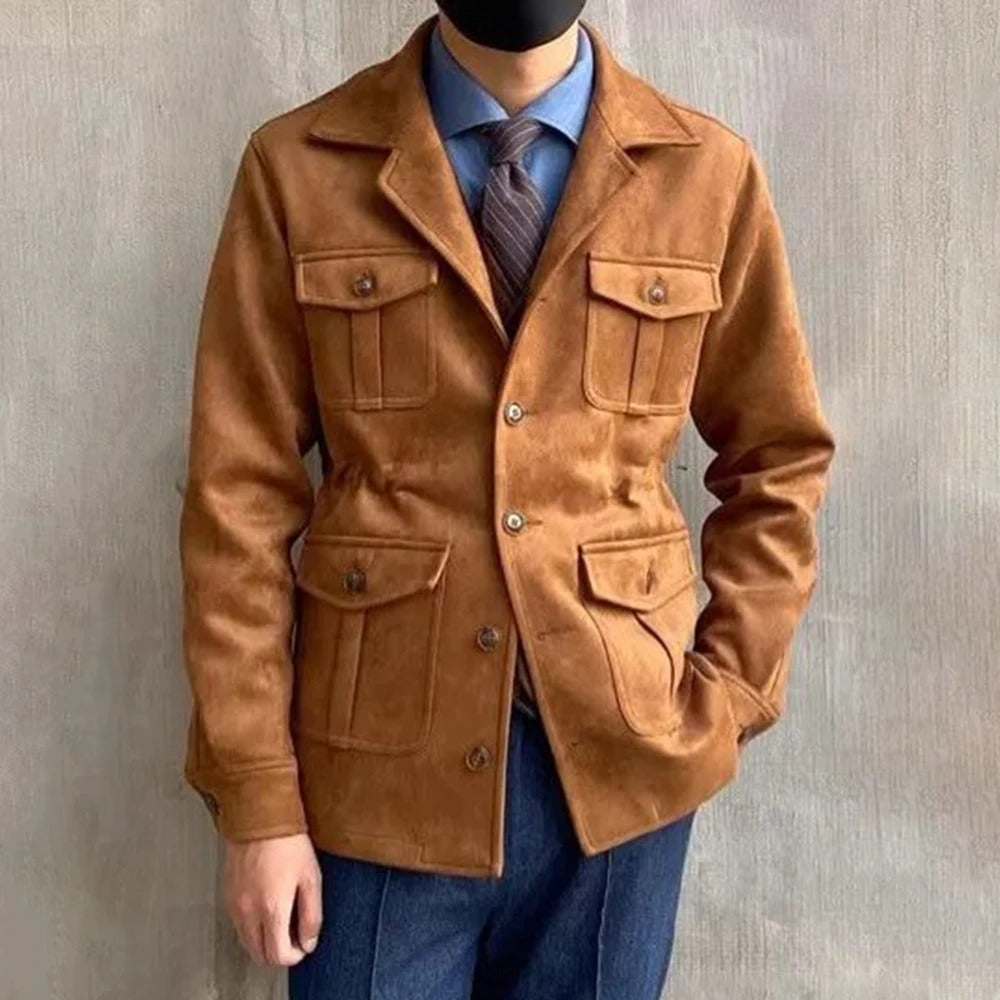 Men's utility hunting jacket with notched lapels, four flap pockets and button front