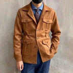 Men's utility hunting jacket with notched lapels, four flap pockets and button front