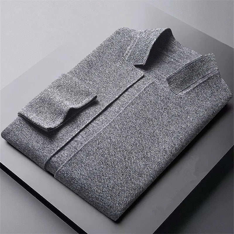 Men's textured cardigan with stand collar, button front and two patch pockets