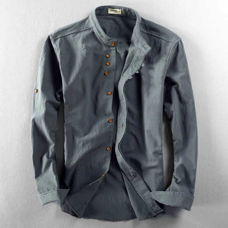 Men's long-sleeved Mandarin collar shirt with layered front panel and button fastening