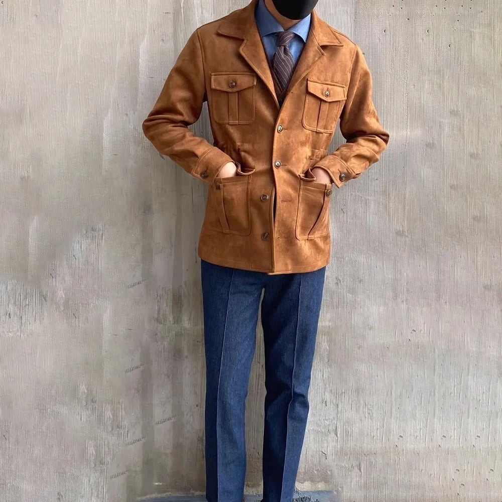Men's utility hunting jacket with notched lapels, four flap pockets and button front