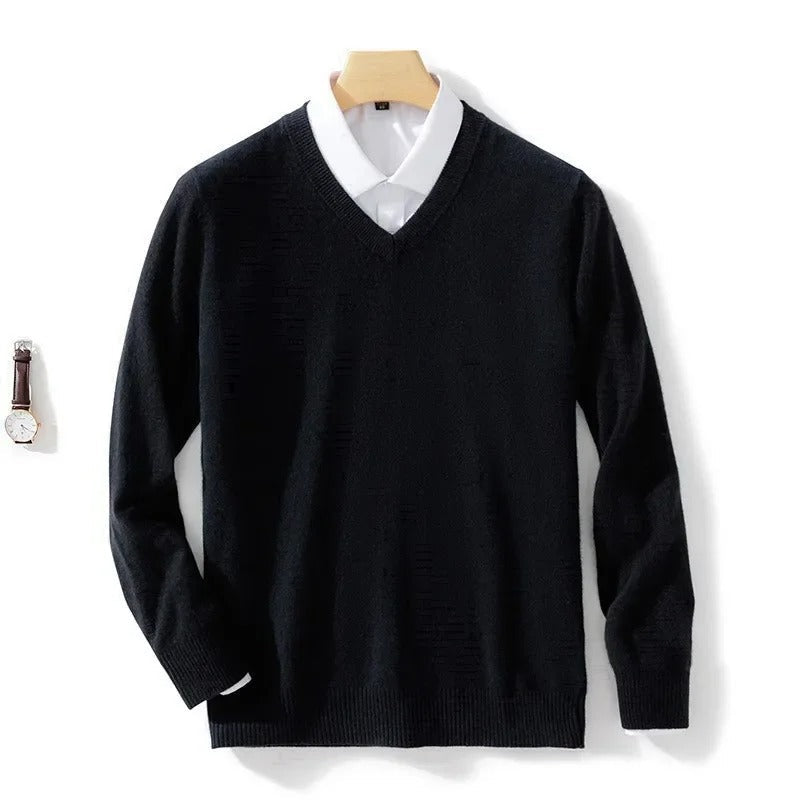 Men's plain V-neck jumper with long sleeves and ribbed trims